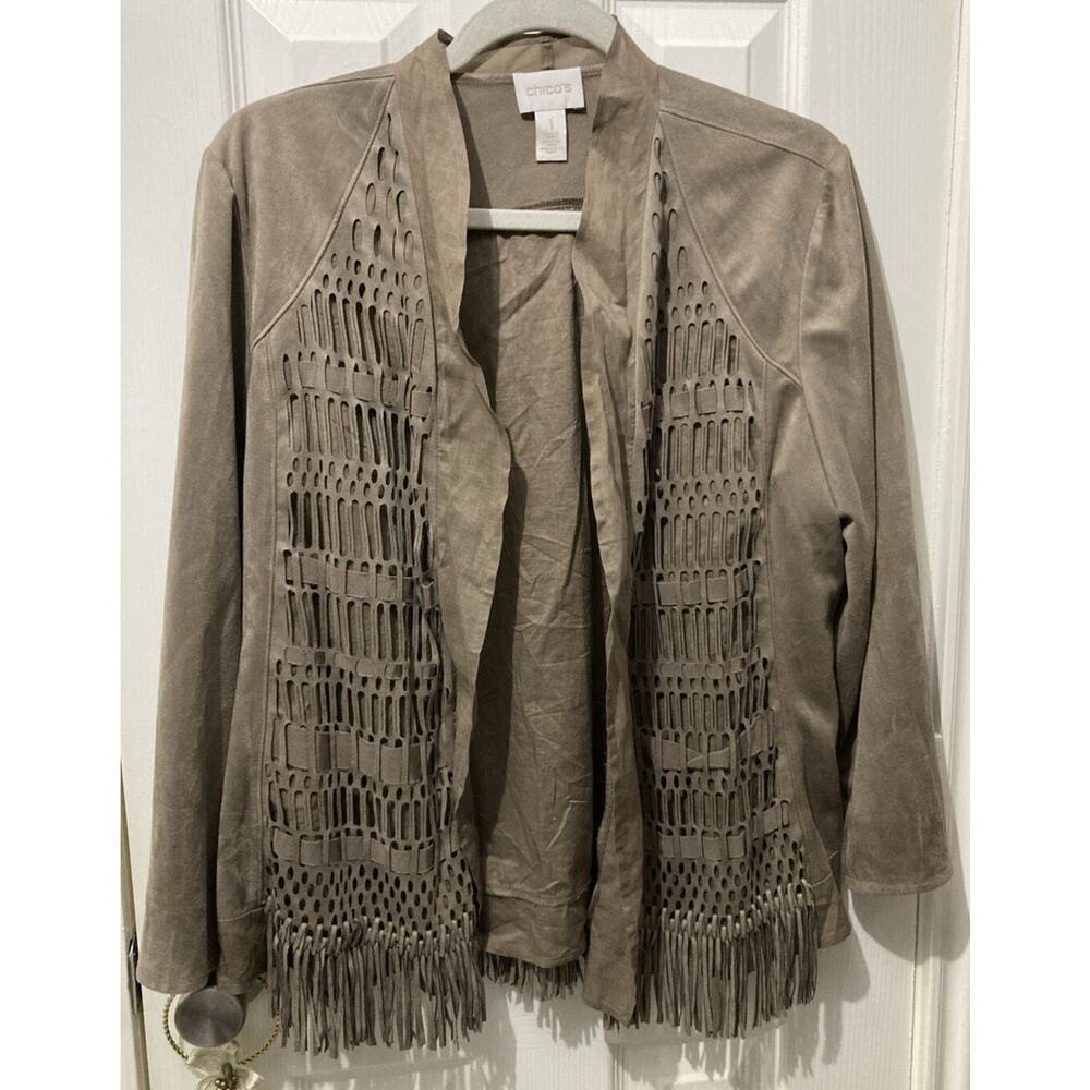 Chico’s Faux Suede Fringe Open Front Jacket Top Taupe Size 1 (M-8) Boho Western